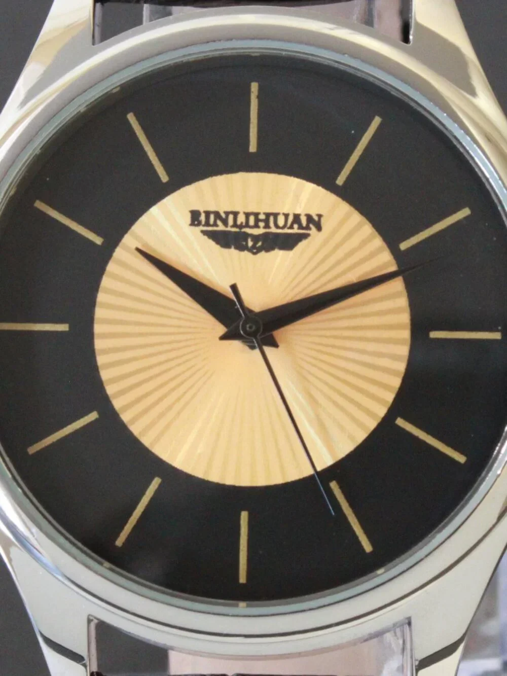 Men's Quartz Dress Watch Black Dial Gold Textured Insert Black Strap 42mm
